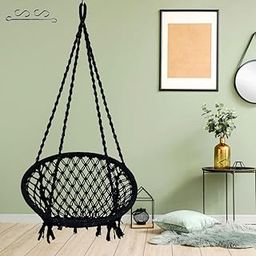 Patiofy Swing For Adults For Home/Swing For Adults/Jhula For Adults/Wooden Swing For Living Room/Swing For Balcony/Cotton Round Hammock Hanging Swing Chair With Hanging Kit Black, 66 Cm, 45 Cm, 148 Cm-picture-24