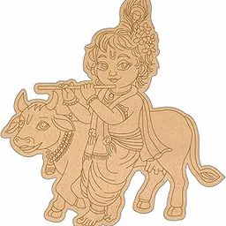 BA BHANDERI ART Pre Marked MDF Cutout 8inch for Clay Art Lord Krishna with Cow Pre-Marked Cutout Wooden MDF Shapes 1Pcs-image-38