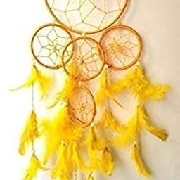 WOWWOW Yellow 5 Rings Feather and Wool Dream Catcher Decorative Showpiece (Wool, Yellow) Pack of 1-image-5