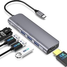 6 in 1 USB C Hub Multiport Adapter with 4K HDMI, 3 USB 3.0 Ports, SD/TF Card Reader, Portable USB C Docking Station Compatible for MacBook Pro/Air, iPad Pro, Chromebook, Dell XPS, HP, Surface-13