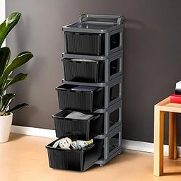 Kuber Industries 5 Layer Heavy Duty Plastic Storage Drawer with Wheels | Modular Cabinet for Bedroom, Office, Home | Chest of Drawers Organiser for Cosmetics, Kitchen items, Toys | Grey & Black-8