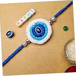 Designer Evil Eye Rakhi For Brother Bhai | Made With Soft Cotton Thread | Crochet Nazar Suraksha Rakhi For Men Brother Bhai | Blue & White Colour | Buy 2 Save 20% | Buy 3 Save 30%-image-0