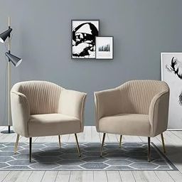CROWN FURNITURE ART | Mid-Century Velvet Tufted Barrel Chair with Golden Legs (Set of 2) Fabric Velvet Accent Chair for Living Room Bedroom Office (Beige)-image-16
