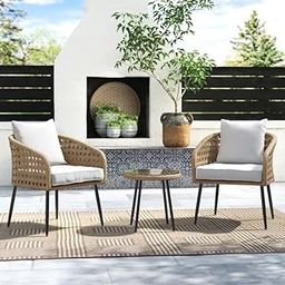 DEVOKO Patio Furniture Set, 3 Pieces Porch Backyard Garden Outdoor Furniture Rattan Chairs With Cushions And Table Wicker Conversation Set (Beige And Off White), (20 X 24 X 28Inch)-image-95