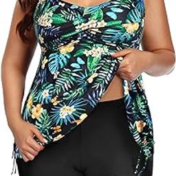 Women Plus Size Tankini Swimsuit Two Piece Flowy Swimdress Bathing Suits with Shorts, Black and Green Floral, 24 Plus-image-89