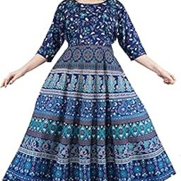 Drashti Textiles Women's Jaipuri Rajasthani Traditional Printed Casual Long Cotton Maxi Frock Dress (Free Size, Navy Blue)-picture-5