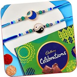 Bhai Rakhi with Chocolate Gift for Two Brothers Cadbury Celebration Chocolate Hamper Rakhi Set of 2 for Brother Bhai Bhaiya Raksha Bandhan Bracelet Pair Couple Rakhi with Greeting Card Tilak Set-image-73