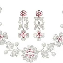 Rhodium-Plated Cubic Zirconia Studded Floral Theme Necklace With Earrings Jewellery Set For Girls and Women-0