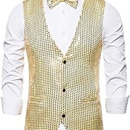 Mens Sequins Vest Button Down Bow Tie Jacket Fashion Party Costume L Gold Clothing Shoes & Accessories | Costumes Reenactment Theater | Costumes | Men-image-55