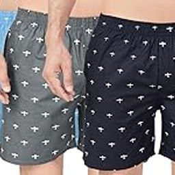 Men's Cotton Boxer Shorts Blue, Grey & Black Airplane Print Knee Length Breathable FabricMen's Boxers with Side Pocket M to XXL (101)-42