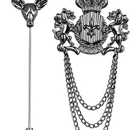 Combo of Deer-Face Shaped Lapel Pin and Layered Chain with Dual Unicorn-Shaped Brooch for Men (CO1105657B)-22