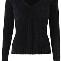 fizzoqi Women’s Hollow Knitted Sweater | Long Sleeve Solid Color V-Neck Knitwear Sweater-picture-1