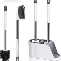 MOOKA Silicone Toilet Brush with Holder Set Free Stand Sleek Toilet Cleaner Brush with Ventilated Drying Stand and Adhesive Wall Mounted Toilet Cleaning Floor Scrubber Brushes-image-68