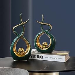 ASW Modern Abstract Ceramic Sculpture Set, Green and Gold, 22cm and 25cm High, Home Decor Ornaments for Living Room-image-60