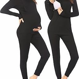Nursing Pajama Set Long Sleeve Maternity Sleepwear Labor Delivery Pjs Breastfeeding Thermal Underwear Clothes, Black, Small-image-54