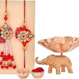 CraftVatika Bhaiya Bhai Bhabhi Rakhi Set - Rakhi with Elephant Showpiece - Couple Rakhi for Brother and Bhabhi with Gift Combo-image-1