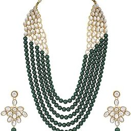 Rhodium Plated 5 Layer Faux Mother-of-pearl and Kundan Rani Haar Necklace Jewellery Set with Earrings for Women (IJ350Z)-image-72
