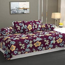 YaAkholic Premium Microfiber 220 TC Floral Pattern 6 Pieces Diwan Set Covers with 1 Single Bedsheet, 2 Bolster Covers and 3 Cushions Cover, Purple Floral-image-61