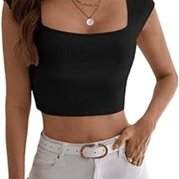 Square Neck Ribbed Crop Top, Cap Sleeve, Black-image-96