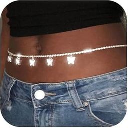 Boho Butterfly Body Chains Rhinestones Belly Waist Chain Party Body Jewelry Accessories for Women and Girls BC023 (Silver)-image-58