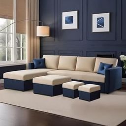 FURNY Arno 8 Seater Fabric LHS L Shape Sofa Set with 1 Centre Table & 2 Ottomans (Cream-Blue)-image-29