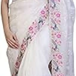 Women's Organza Flower Embroidery Work Silk Saree With Blouse Piece (Pearl White)-image-99