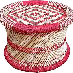 HeeMo Natural Bamboo (SARKANDA) Mudda Stool with Beige and Red Color (10 X 13) Pack of 1-3