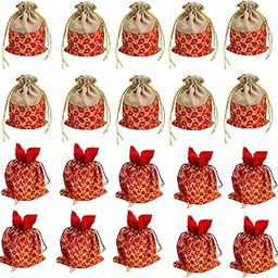 Krisah Pack of 20 Women Red Brocade Self Design Silk Brocade 18 X 12 cm Small Gift Potli Bags for Gifting-43