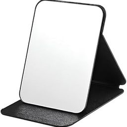 CRENTROVA Foldable Makeup Mirror with Stand, Compact Portable Folding Free Standing Travel Vanity Mirror, Frameless PU Leather (Round Edge Black 1 PCS)-2