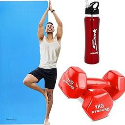 STRAUSS Yoga Combo Kit (1 Yoga Mat, 1 Bottle, 2 Dumbbells) | Sky Blue EVA Yoga Mat (6mm), Stainless Steel Red Bottle, 2 Red Vinyl Dumbbells | Ideal for Yoga & Training-image-52