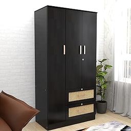 DF2H Wardrobe | 1 Year Warranty | 3 Doors Cupboard, Ren with Synthetic Rattan Feature, with Drawer, Wooden Almirah Wenge Colour (Melamine Finish)-image-53