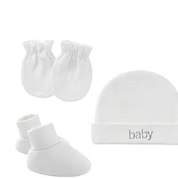 New Born Baby Cotton Caps Booties Mittens Combo Set (0-6 Month) (White)-image-23