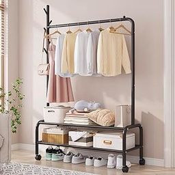 Lukzer MGR-008 Multipurpose Single Pole Metal Garment Rack with Wheels & 2 Bottom Shelves – Movable Clothing Stand & Storage Organizer for Bedroom, Hallway (34 x 120 x 173 cm, Black)-image-25