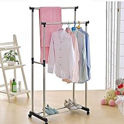 IVYLA® Adjustable Double‑Pole Steel Garment Rack with Wheels || Telescopic, Foldable Clothes Drying || Display Stand for Laundry, Indoor/Outdoor Use ||-image-41