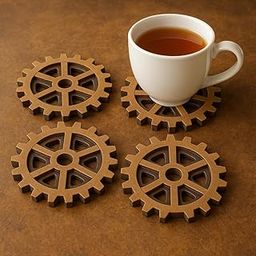 MAYUMI Coaster Set of 4 | Gear Cutwork Design | Wooden Coasters to Serve Tea Cups, Coffee Mugs and Glasses (9cm X 9xm)(Ecofriendly)-45