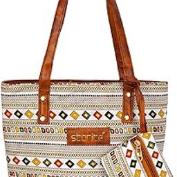 Small Women's Tote Bag with Leather Handles & Embroidery Printed Handbag with Zip Pockets, Shoulder Tote Bag and Handbag for Office and College (WhiteBrown, 26x21x9.8 cm)-image-1