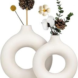 TIED RIBBONS Set of 2 Donut Vases for Flower Plants (White, 8.5 & 6 Inches) - Ceramic Vase Pampas Grass Home Decoration Items for Living Room Centerpiece Office Table-26