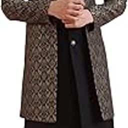 Men Black Jacquard Inner Jacket Indowestern Sherwani Trouser Set-picture-13