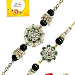 Rakhi for Brother and Bhabhi Set of 2 Gold Plated Green Two Tone Kundan Handmade Bhiya Bhabhi Rakhi Combo with Roli & Chawal-image-65