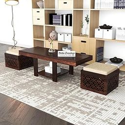 SIGNATURE KRAFT Solid Sheesham Wood Coffee Table with 2 Stools for Home, Office | Wood Center Cofee Table for Living Room, Wooden Center Table with Shelf Storage, Carved- Walnut Finish-image-9
