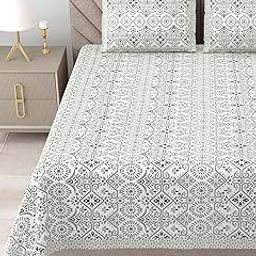 Urban Jaipur 100% Cotton 210 TC Ethnic Bedsheet for Queen Bed with 2 Pillow Covers 90 x 108 inch | Pure Cotton Traditional Jaipuri Print - Floral (Gray, Geometric)-11