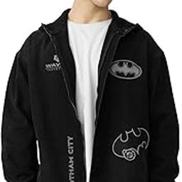 Batman: Caped Crusader Men and Boys Long Sleeves Hooded Neck Zipper Front Black Printed Cotton Oversized Denim Jackets-25