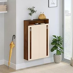 BLUEWUD Whartin Engineered Wood Dual Tone 2 Doors Wall Mounted Shoe Rack Cabinet Slipper Footwear Stand Organizer can Store Up to 16 Pairs for Home (Brown Maple & Beige)-22