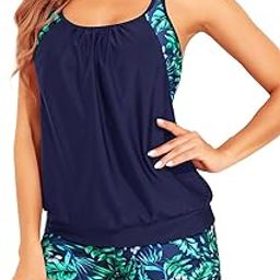 Women Tankini Swimsuits Two Piece Tummy Control Bathing Suits Blouson Swim Tank Top with Boy Shorts, Blue Flower, Large-image-33