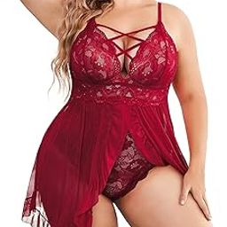 Women's Plus Size Lingerie Beautiful Babydoll Snap Crotch Lace Chemise Ruffles Nightwear Bodysuit with Babydoll-10