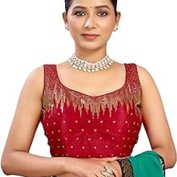 Readymade Saree Blouse for Women | Silk Blend Sequence Embroidery Sleeveless Blouse | Stitched Padded Blouse-image-93