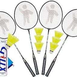 GILLX Badminton Rackets with 6 Nylon Shuttle Cocks (Black, Assorted) -4 Pieces-26