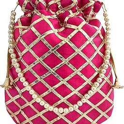Women's Gota Patti Magenta Potli Bag Purse with Pearl Handle-29