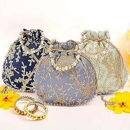Kuber Industries Pack of 3 Potli Bags for Ladies & Girls | Shagun Pouches for Festive Seasons | Embroidery Bridal Purse -Dark Blue, Green & Grey-image-77