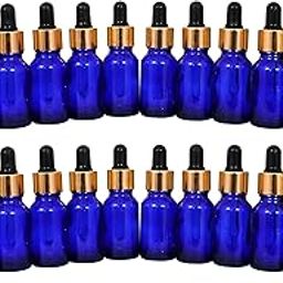 Nsb Herbals 15 ML Blue Round Empty Glass Bottle + Glass Dropper + Gold Ring + Silcone Black Teat, Refillable, Reusable, Leak Proof for Essential Oils, Blends, DIY Perfumes (Pack Of 24)-91